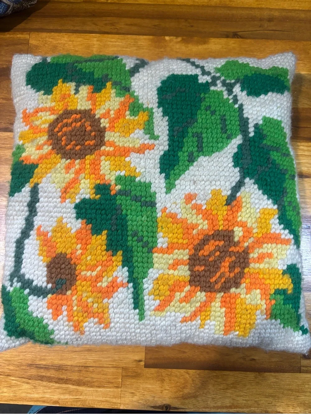 Handmade Sunflower Hooked Pillow + Praying Hands Cushion